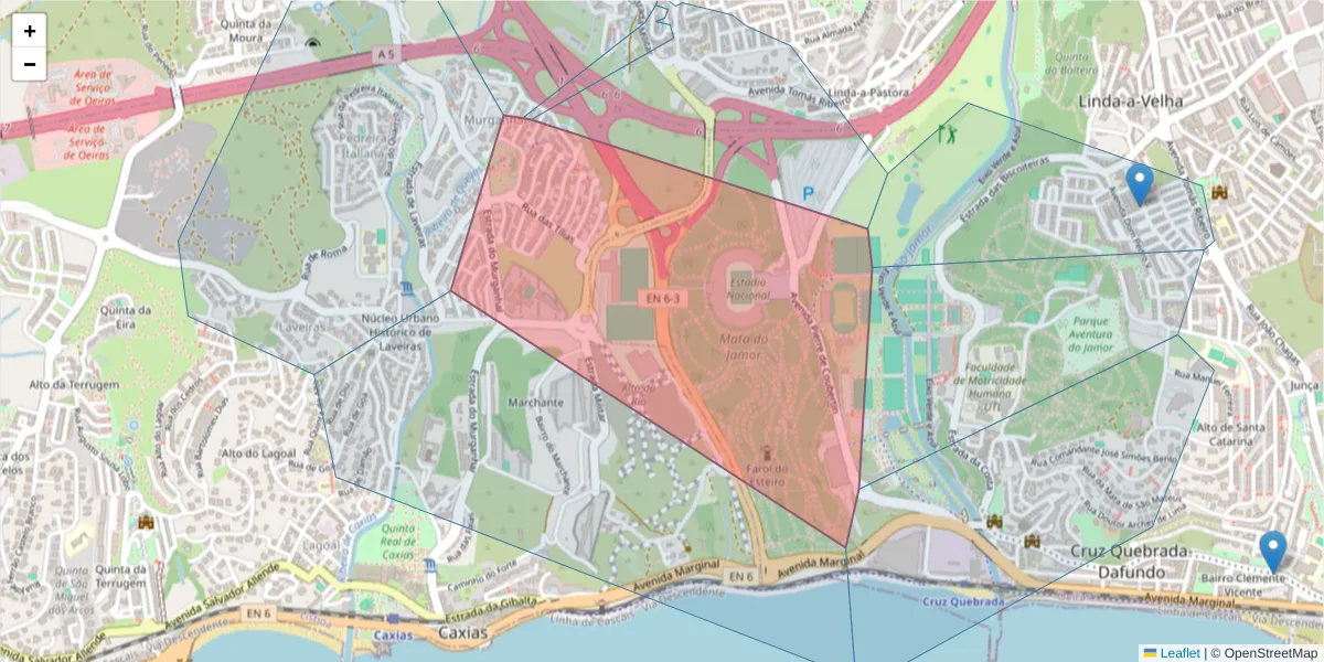 Mapa detalhado do código postal 1495-433 com limites, códigos postais vizinhos e agências dos correios