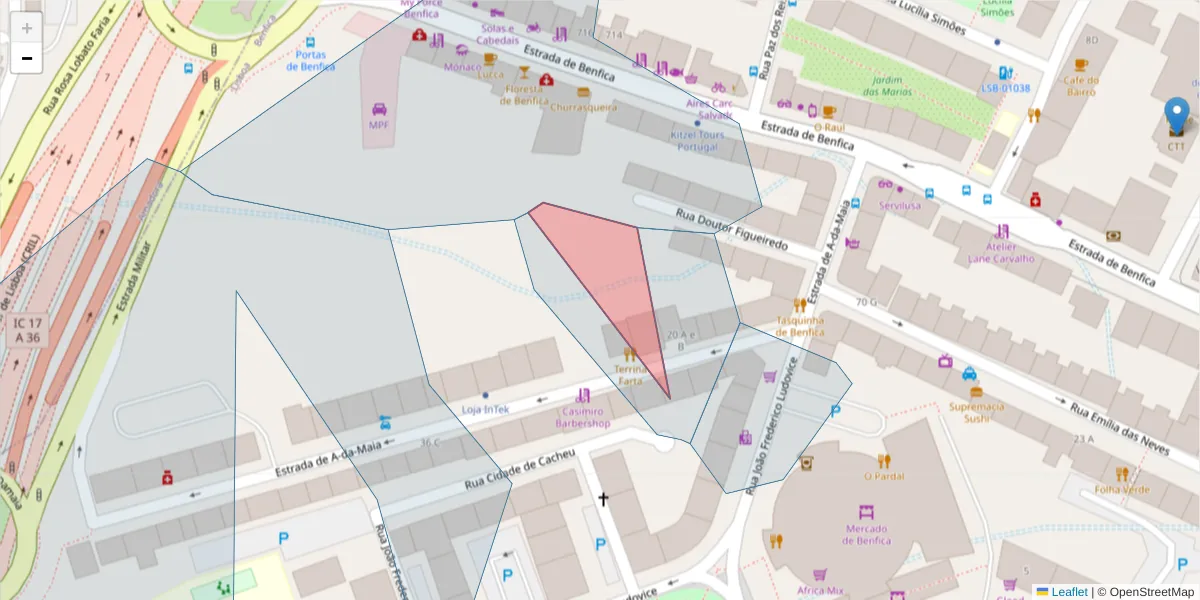 Mapa detalhado do código postal 1500-001 com limites, códigos postais vizinhos e agências dos correios
