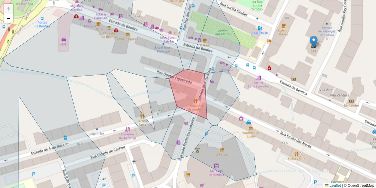 Mapa detalhado do código postal 1500-003 com limites, códigos postais vizinhos e agências dos correios