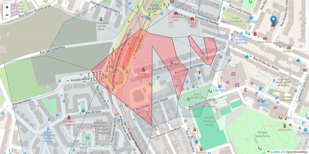 Mapa detalhado do código postal 1500-004 com limites, códigos postais vizinhos e agências dos correios