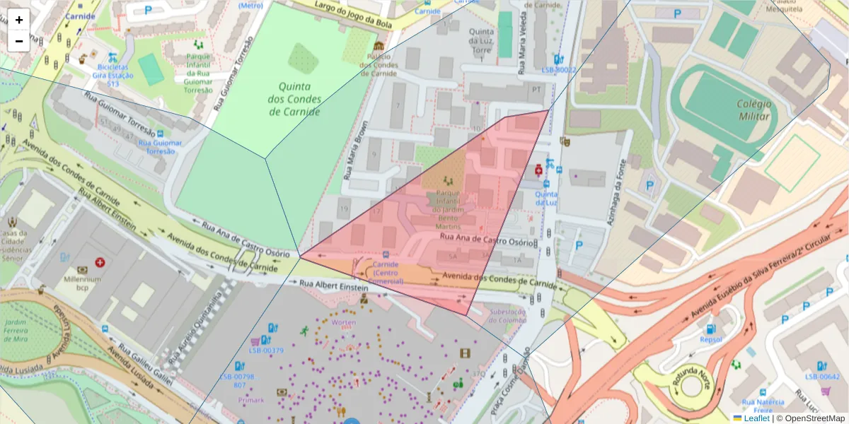 Mapa detalhado do código postal 1500-023 com limites, códigos postais vizinhos e agências dos correios