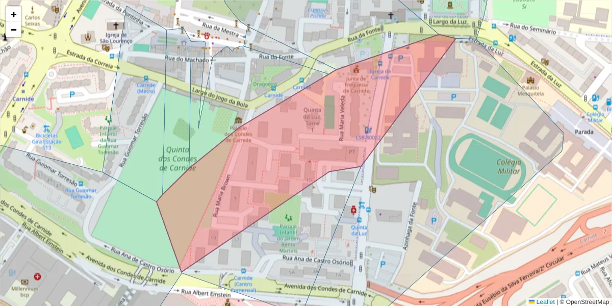 Mapa detalhado do código postal 1500-024 com limites, códigos postais vizinhos e agências dos correios