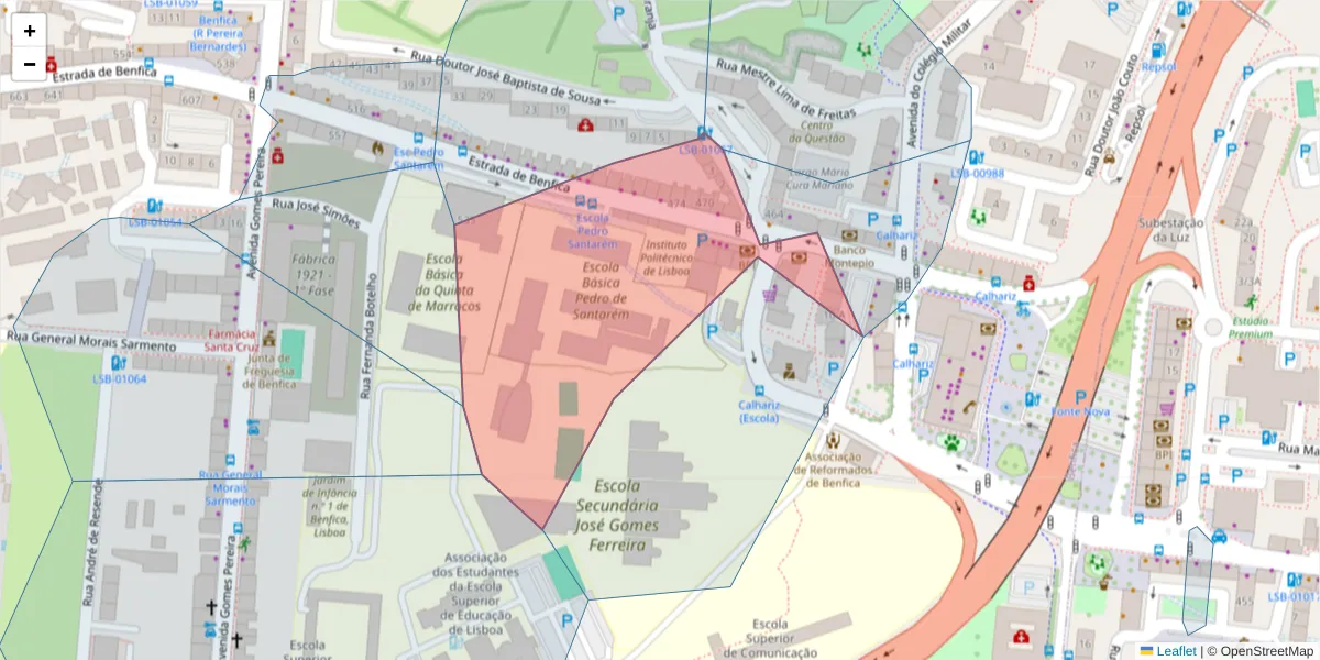 Mapa detalhado do código postal 1500-085 com limites, códigos postais vizinhos e agências dos correios