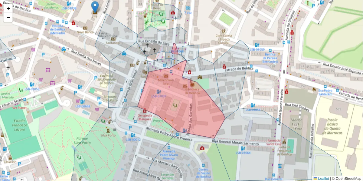 Mapa detalhado do código postal 1500-088 com limites, códigos postais vizinhos e agências dos correios