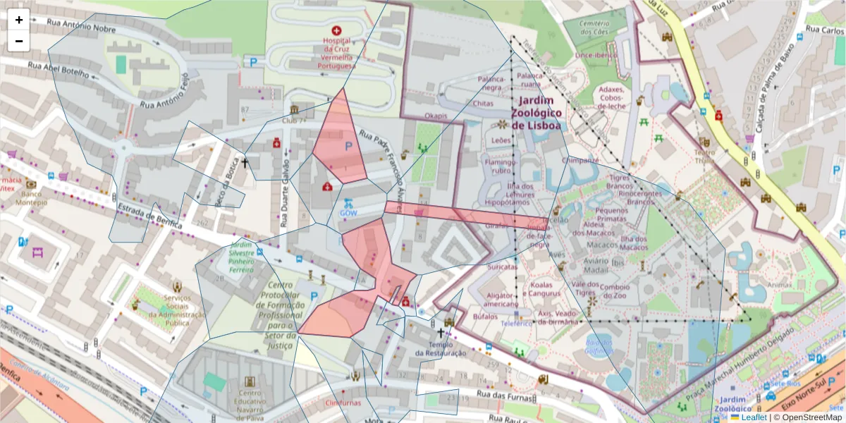 Mapa detalhado do código postal 1500-093 com limites, códigos postais vizinhos e agências dos correios
