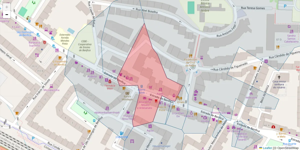 Mapa detalhado do código postal 1500-098 com limites, códigos postais vizinhos e agências dos correios