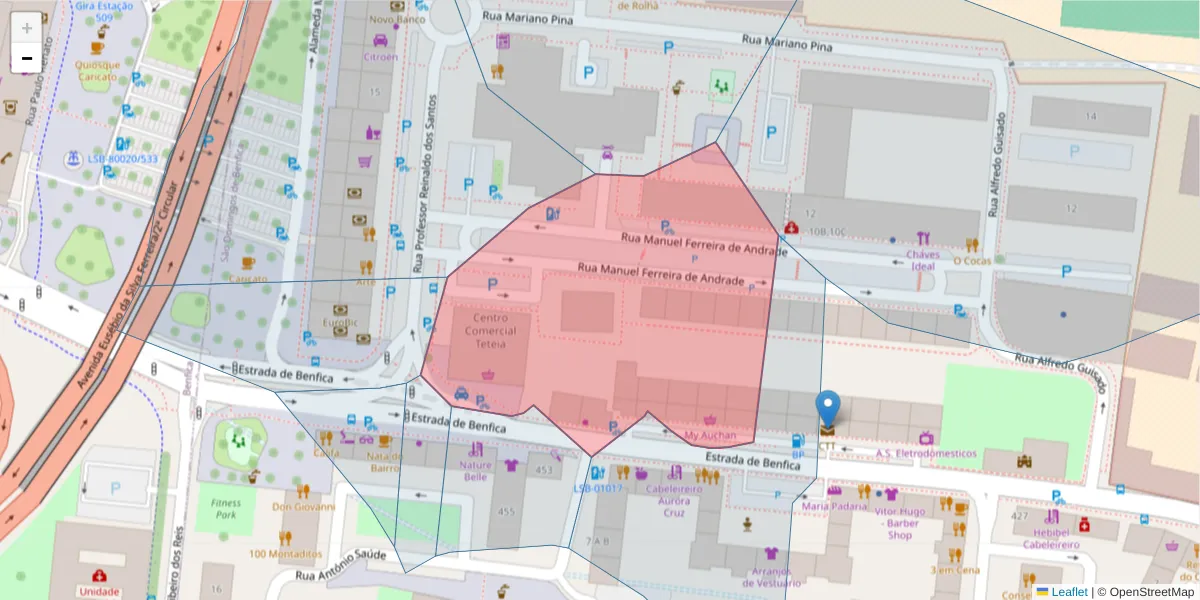 Mapa detalhado do código postal 1500-101 com limites, códigos postais vizinhos e agências dos correios