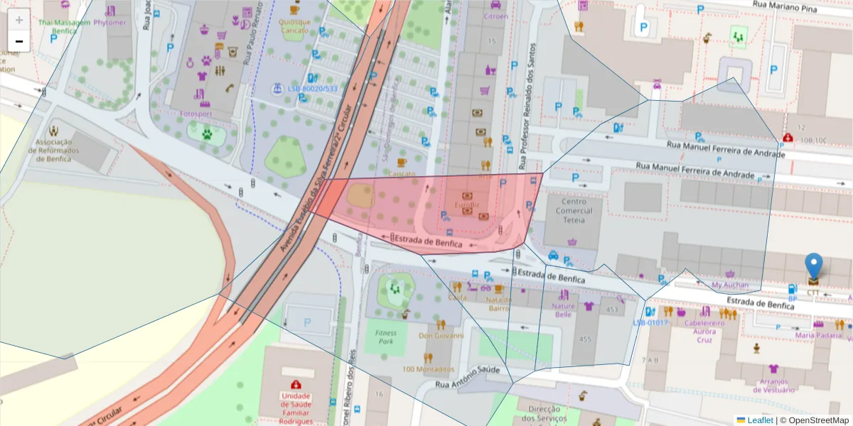 Mapa detalhado do código postal 1500-102 com limites, códigos postais vizinhos e agências dos correios