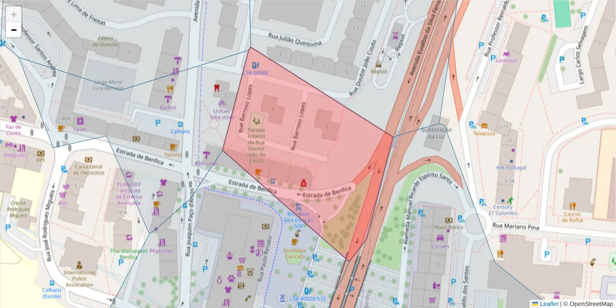 Mapa detalhado do código postal 1500-103 com limites, códigos postais vizinhos e agências dos correios