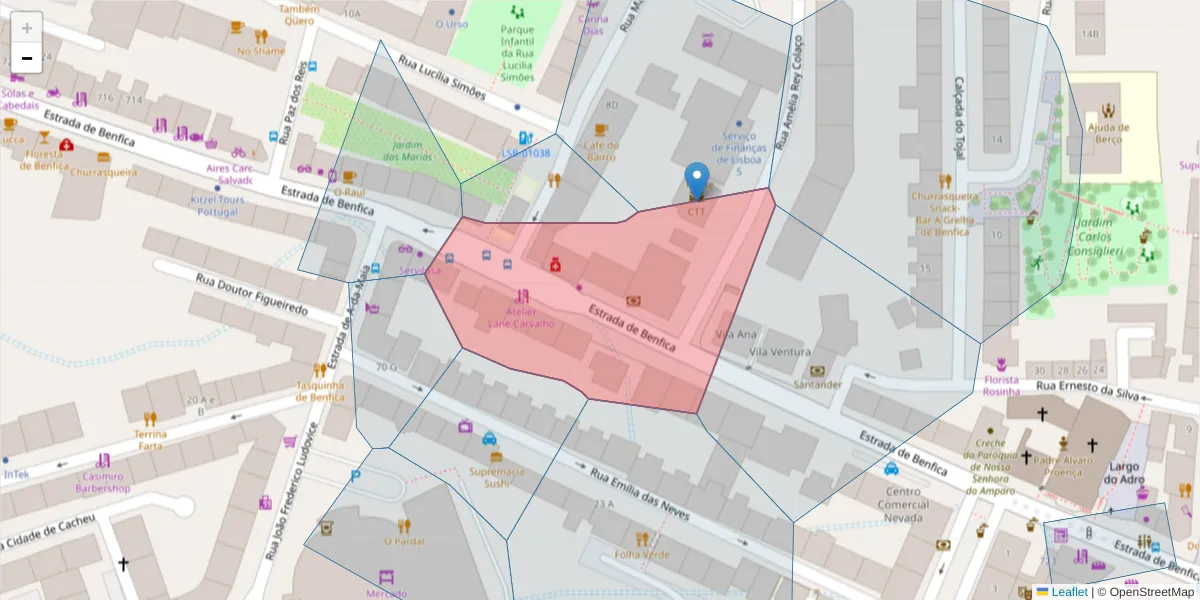 Mapa detalhado do código postal 1500-110 com limites, códigos postais vizinhos e agências dos correios