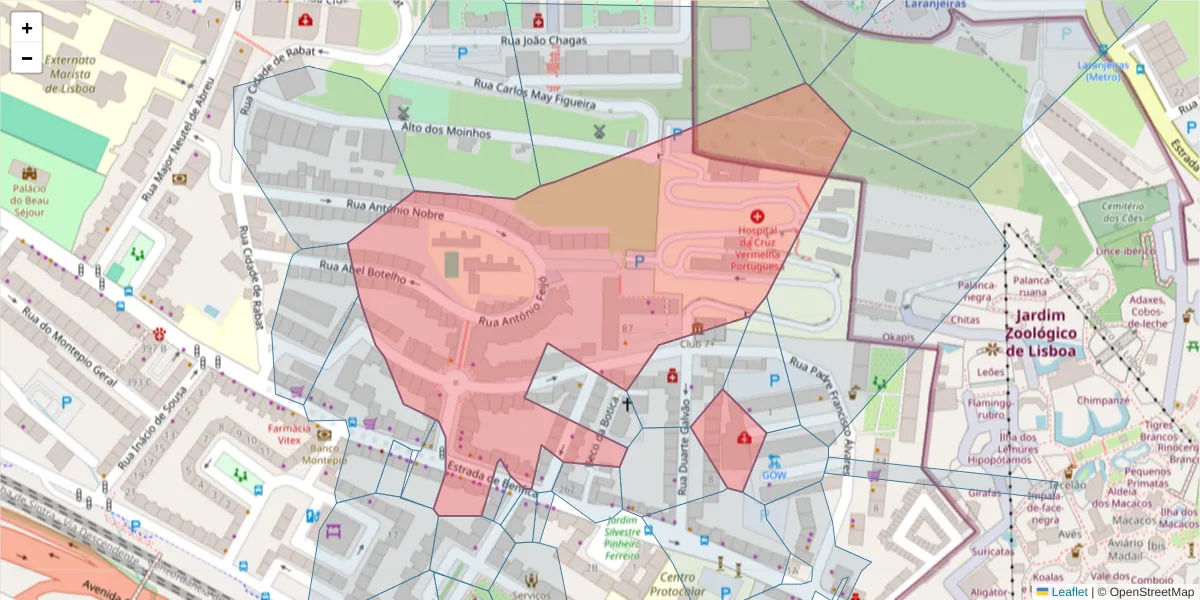 Mapa detalhado do código postal 1500-133 com limites, códigos postais vizinhos e agências dos correios