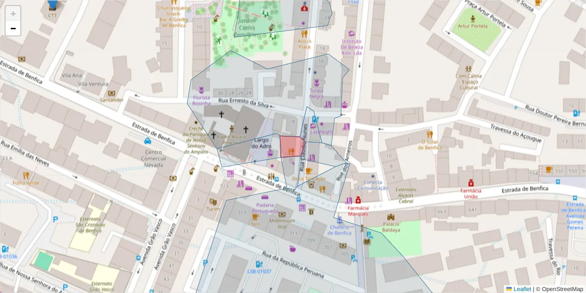 Mapa detalhado do código postal 1500-174 com limites, códigos postais vizinhos e agências dos correios