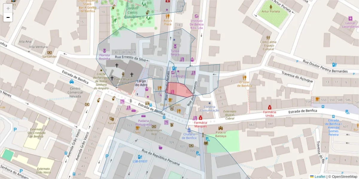Mapa detalhado do código postal 1500-176 com limites, códigos postais vizinhos e agências dos correios