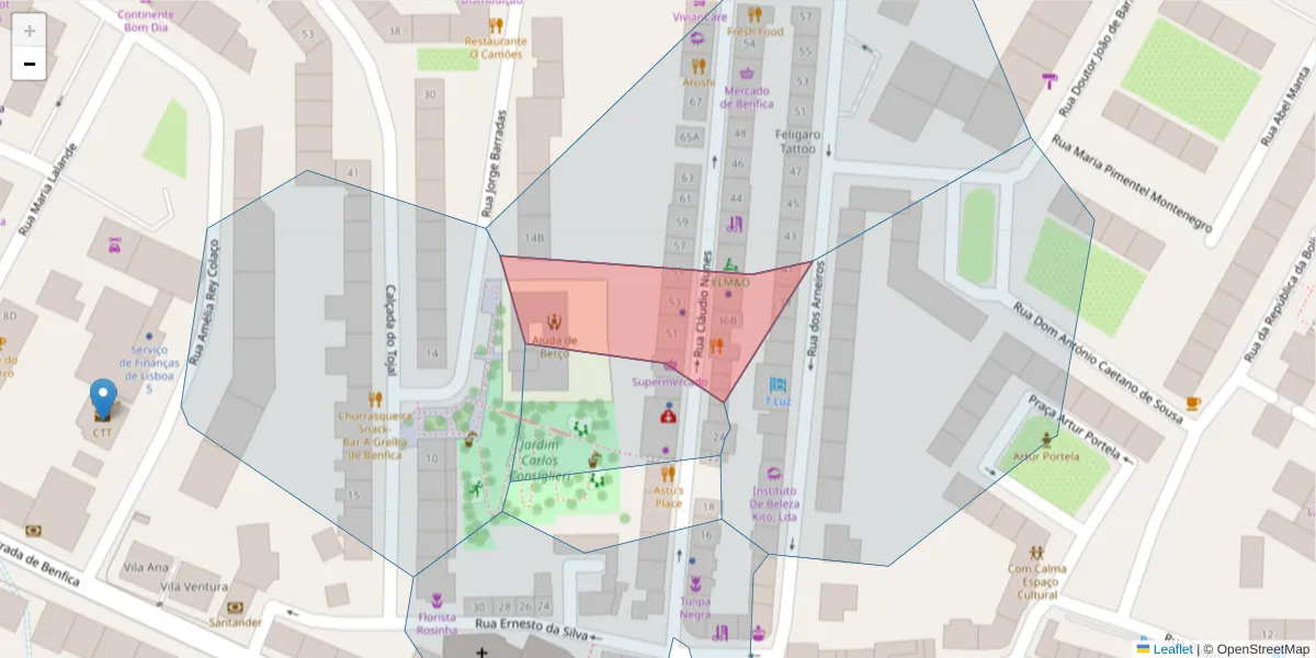 Mapa detalhado do código postal 1500-177 com limites, códigos postais vizinhos e agências dos correios
