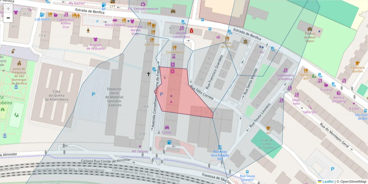 Mapa detalhado do código postal 1500-203 com limites, códigos postais vizinhos e agências dos correios