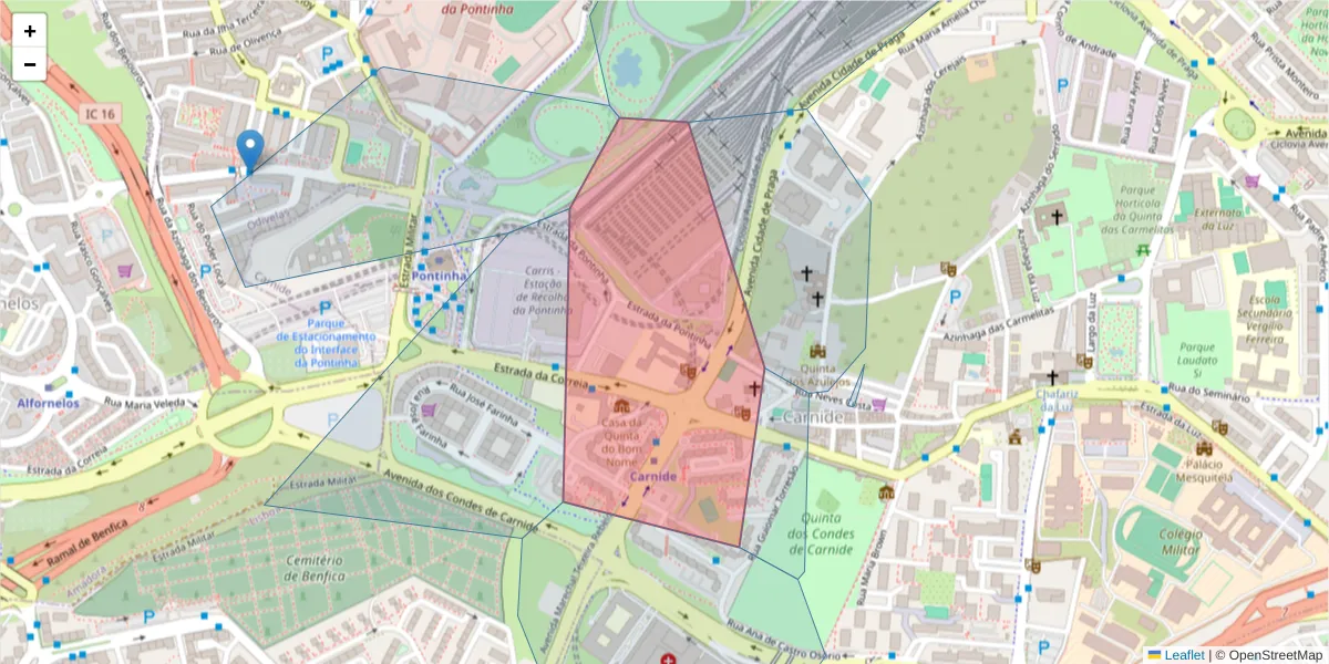 Mapa detalhado do código postal 1500-210 com limites, códigos postais vizinhos e agências dos correios