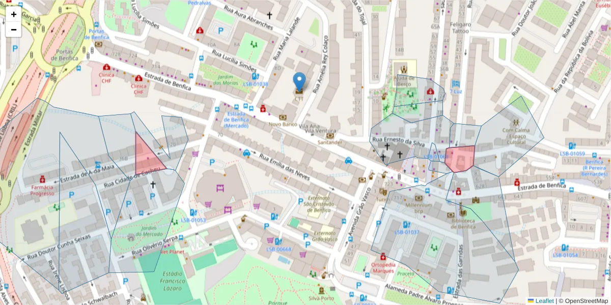 Mapa detalhado do código postal 1500-226 com limites, códigos postais vizinhos e agências dos correios