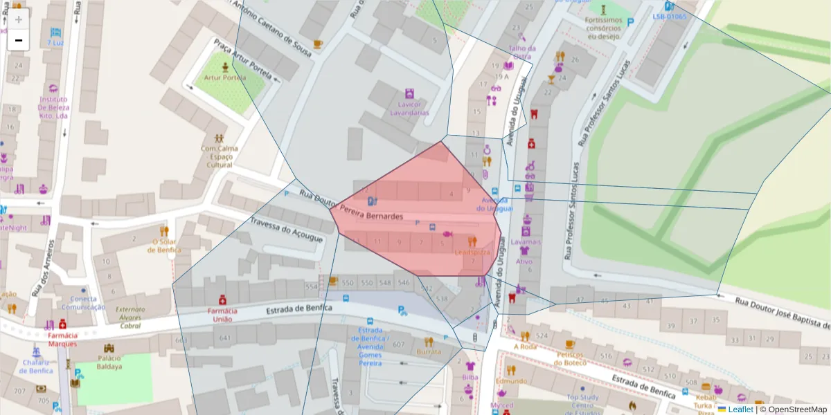 Mapa detalhado do código postal 1500-247 com limites, códigos postais vizinhos e agências dos correios