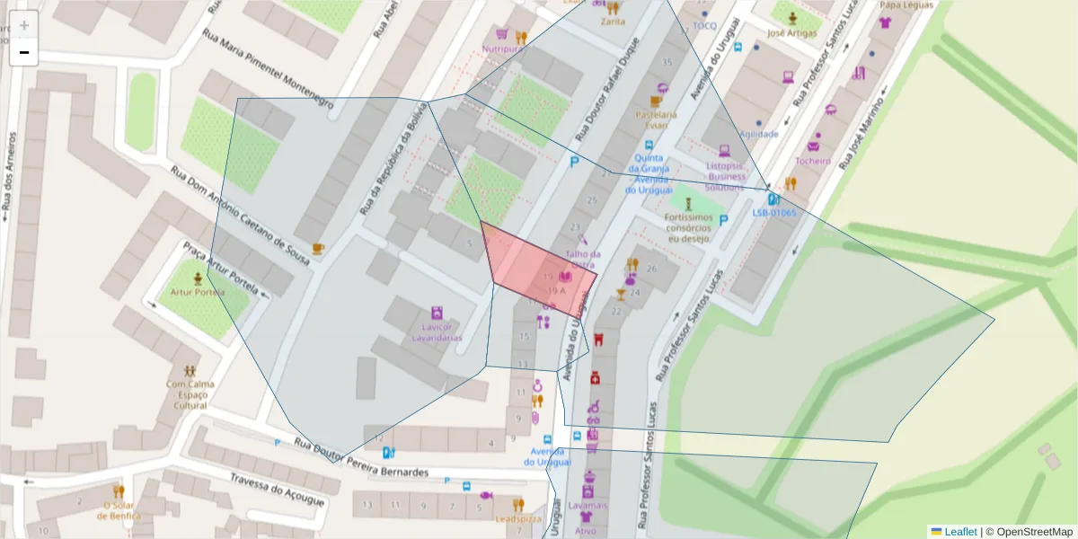 Mapa detalhado do código postal 1500-249 com limites, códigos postais vizinhos e agências dos correios