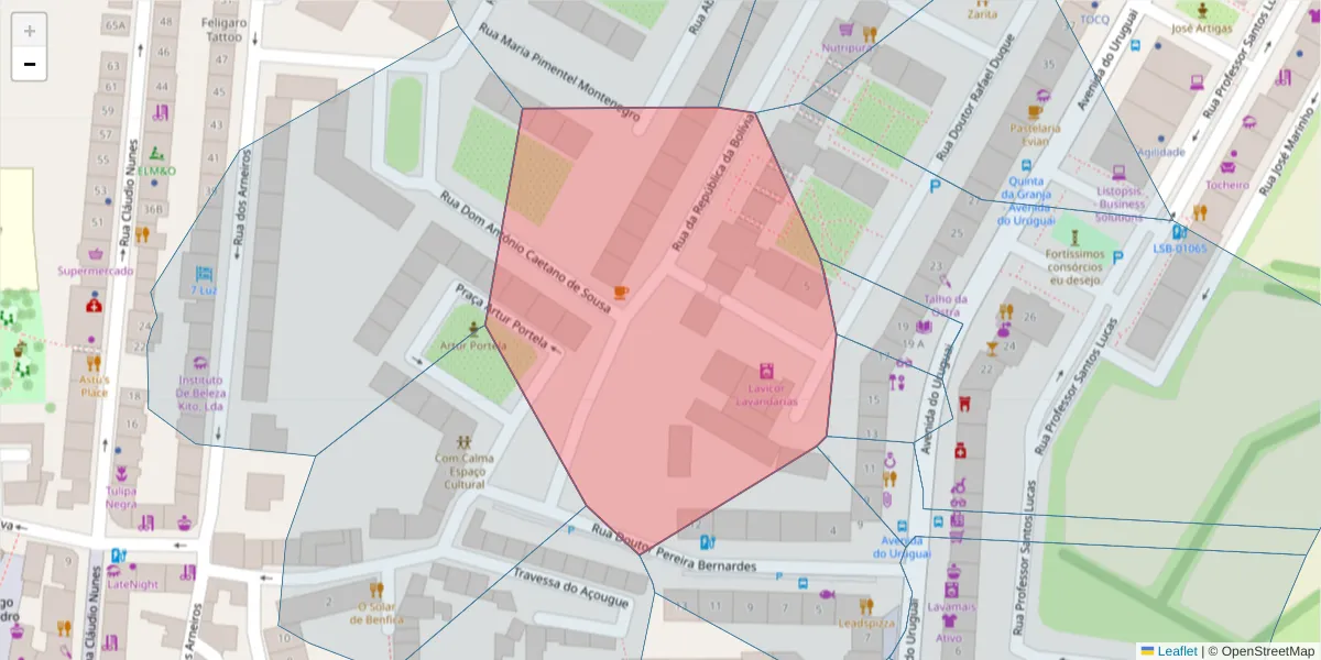 Mapa detalhado do código postal 1500-250 com limites, códigos postais vizinhos e agências dos correios