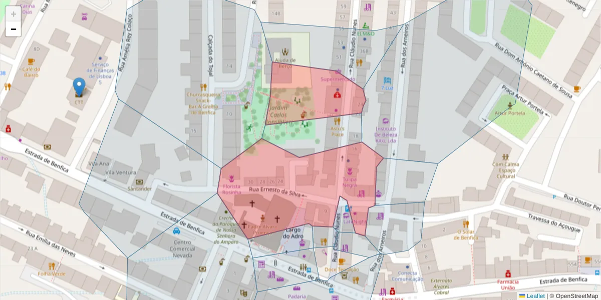 Mapa detalhado do código postal 1500-267 com limites, códigos postais vizinhos e agências dos correios