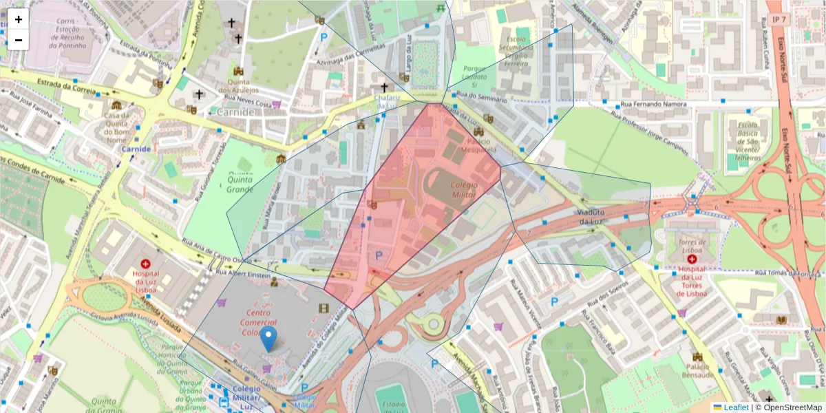 Mapa detalhado do código postal 1500-275 com limites, códigos postais vizinhos e agências dos correios