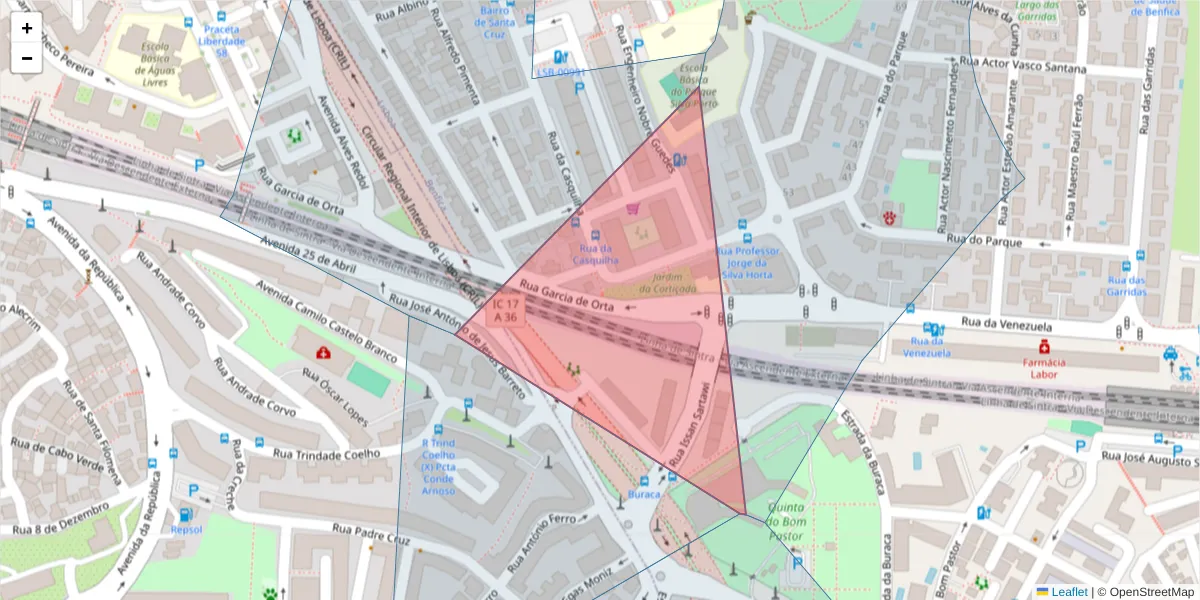 Mapa detalhado do código postal 1500-297 com limites, códigos postais vizinhos e agências dos correios