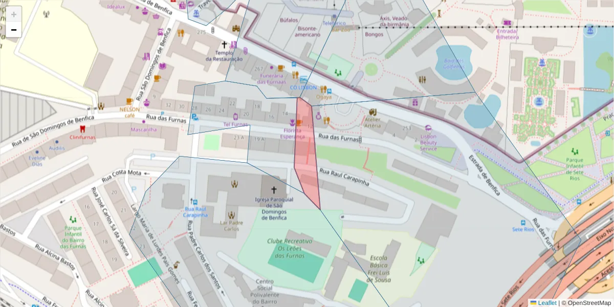 Mapa detalhado do código postal 1500-300 com limites, códigos postais vizinhos e agências dos correios