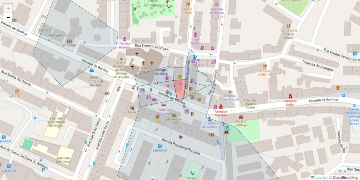 Mapa detalhado do código postal 1500-305 com limites, códigos postais vizinhos e agências dos correios