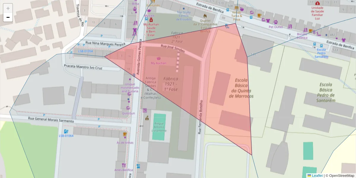 Mapa detalhado do código postal 1500-325 com limites, códigos postais vizinhos e agências dos correios
