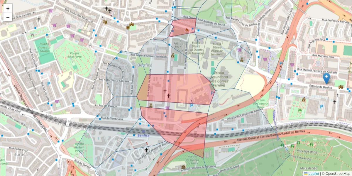 Mapa detalhado do código postal 1500-328 com limites, códigos postais vizinhos e agências dos correios