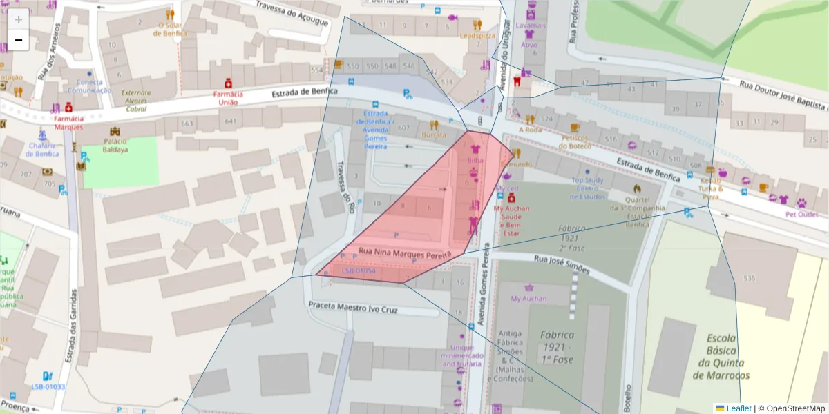 Mapa detalhado do código postal 1500-329 com limites, códigos postais vizinhos e agências dos correios