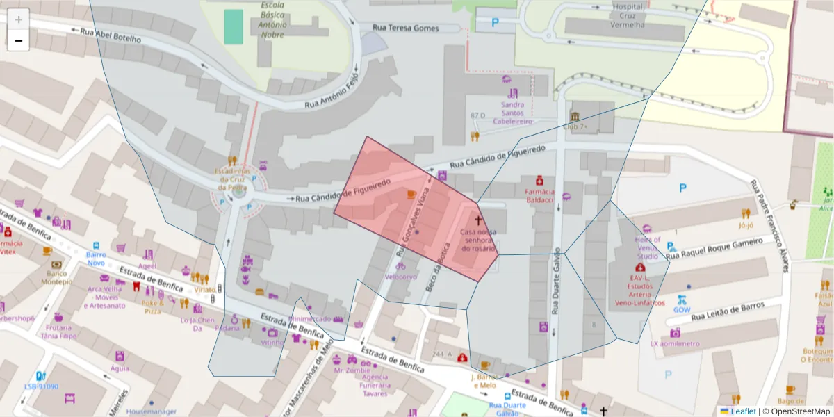 Mapa detalhado do código postal 1500-334 com limites, códigos postais vizinhos e agências dos correios