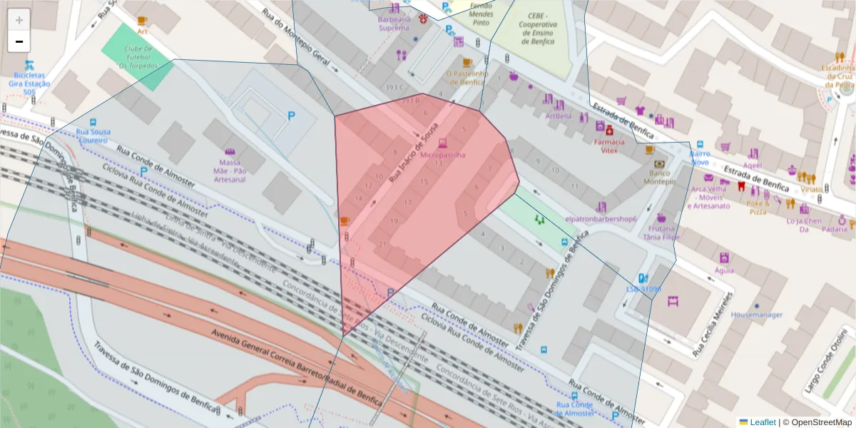 Mapa detalhado do código postal 1500-345 com limites, códigos postais vizinhos e agências dos correios