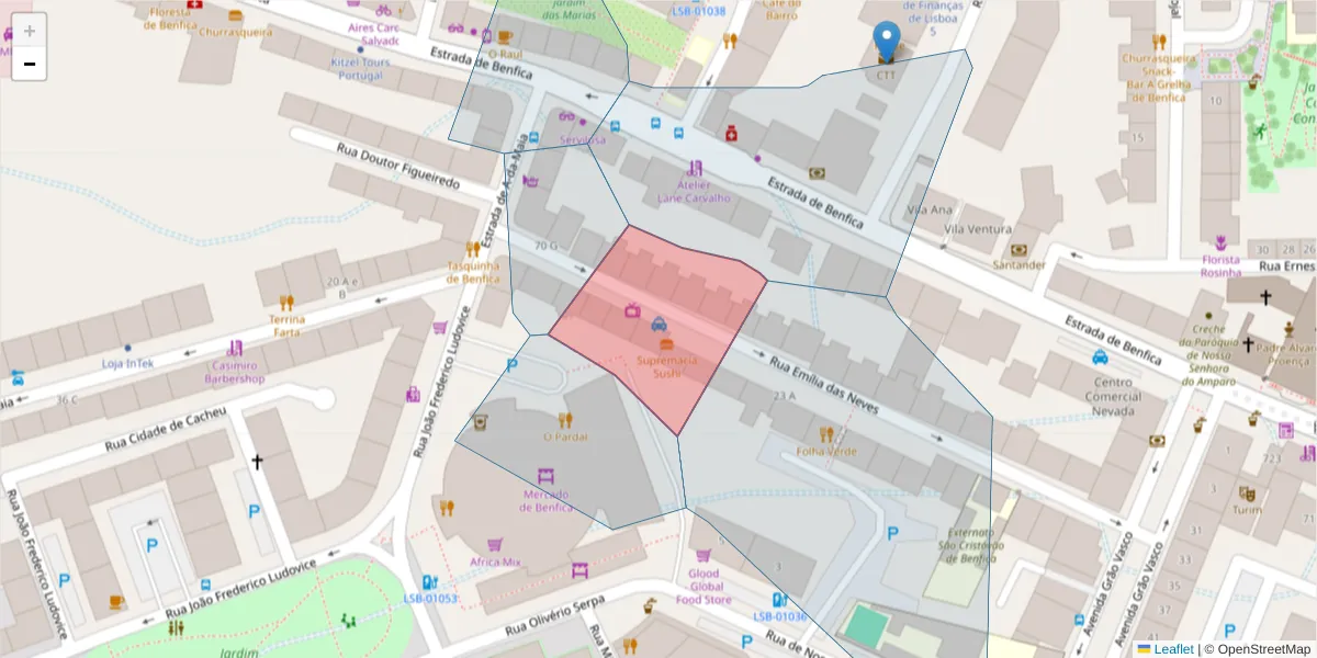 Mapa detalhado do código postal 1500-354 com limites, códigos postais vizinhos e agências dos correios