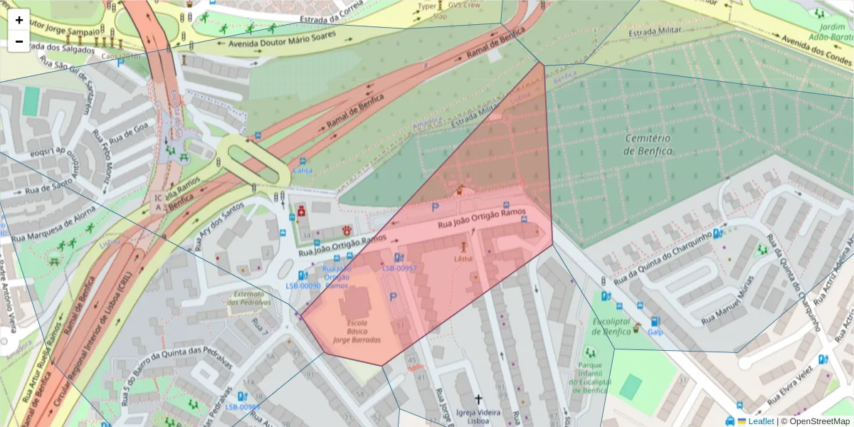 Mapa detalhado do código postal 1500-363 com limites, códigos postais vizinhos e agências dos correios