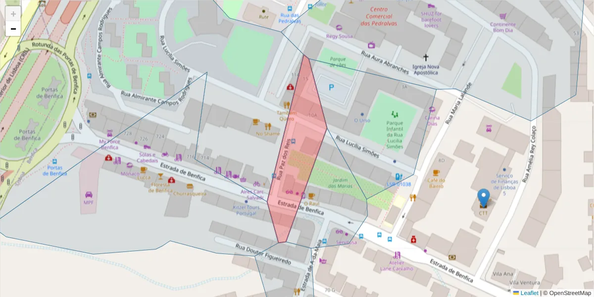 Mapa detalhado do código postal 1500-386 com limites, códigos postais vizinhos e agências dos correios