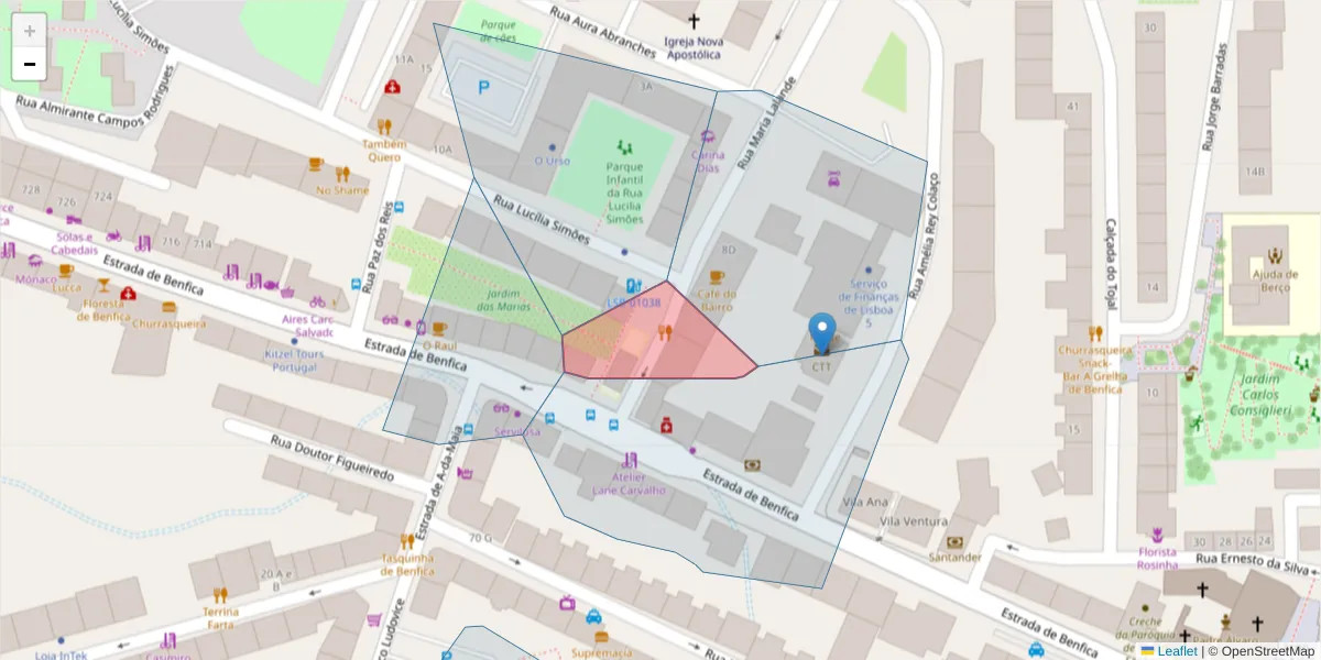 Mapa detalhado do código postal 1500-437 com limites, códigos postais vizinhos e agências dos correios