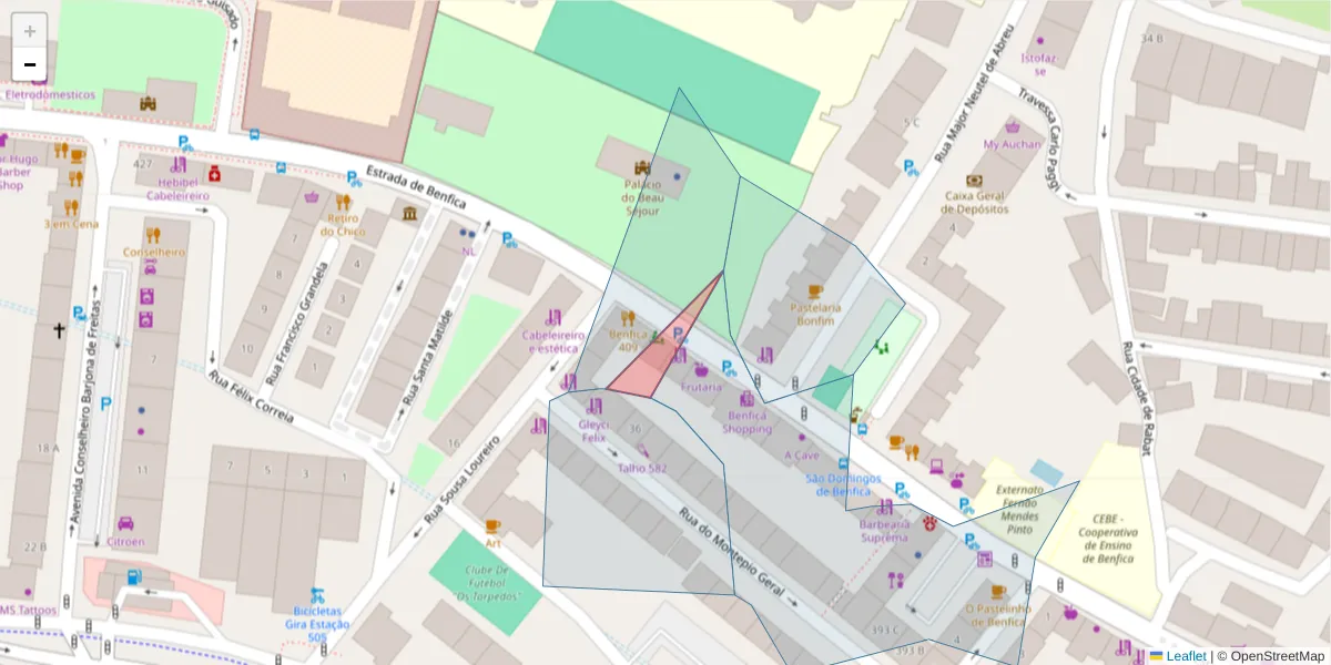 Mapa detalhado do código postal 1500-464 com limites, códigos postais vizinhos e agências dos correios