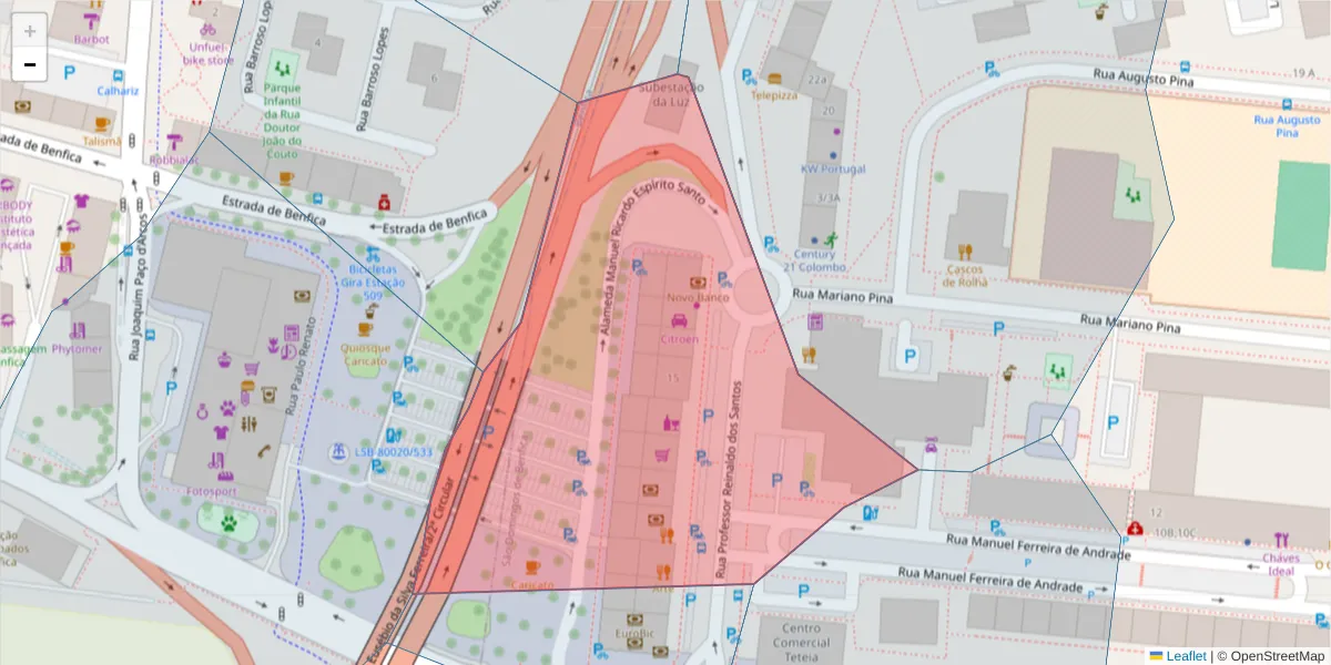 Mapa detalhado do código postal 1500-501 com limites, códigos postais vizinhos e agências dos correios