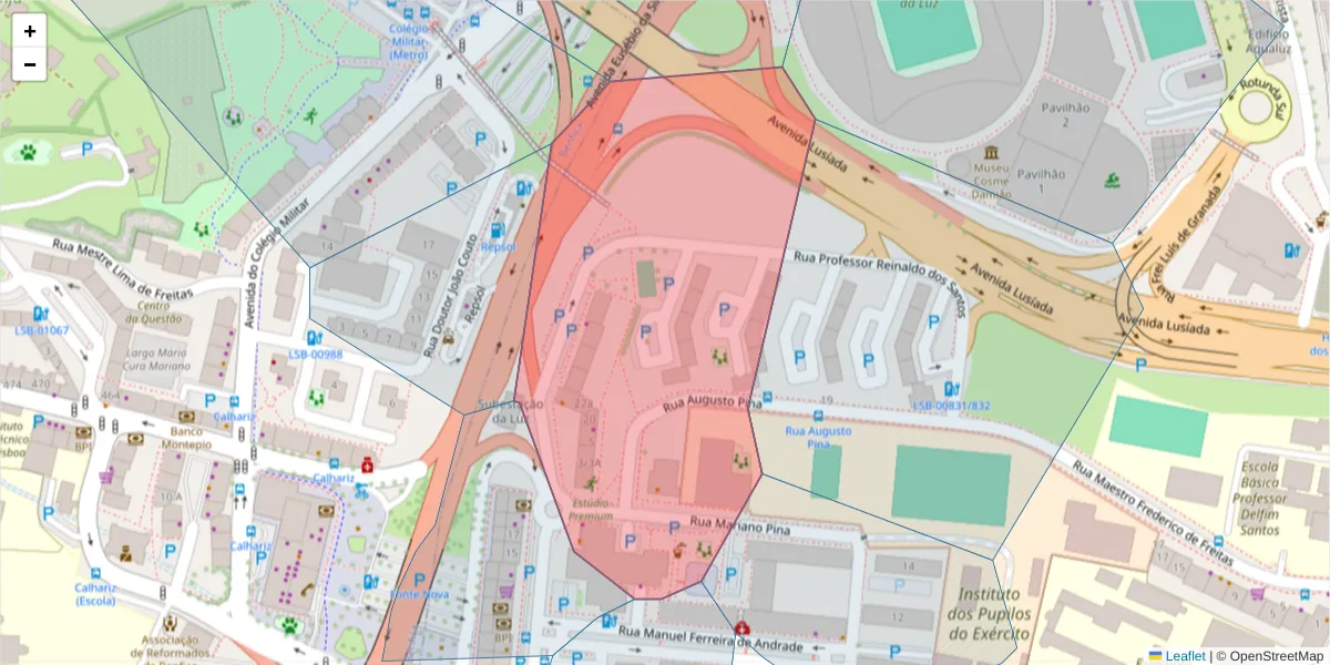 Mapa detalhado do código postal 1500-506 com limites, códigos postais vizinhos e agências dos correios