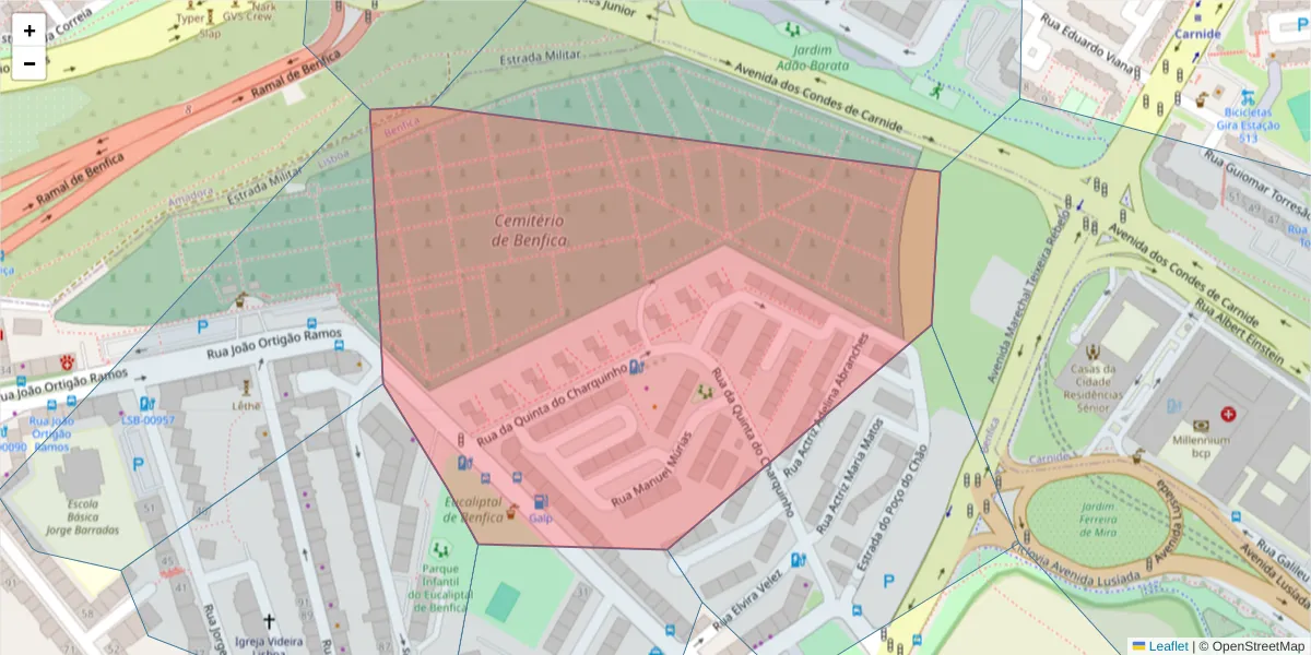 Mapa detalhado do código postal 1500-530 com limites, códigos postais vizinhos e agências dos correios
