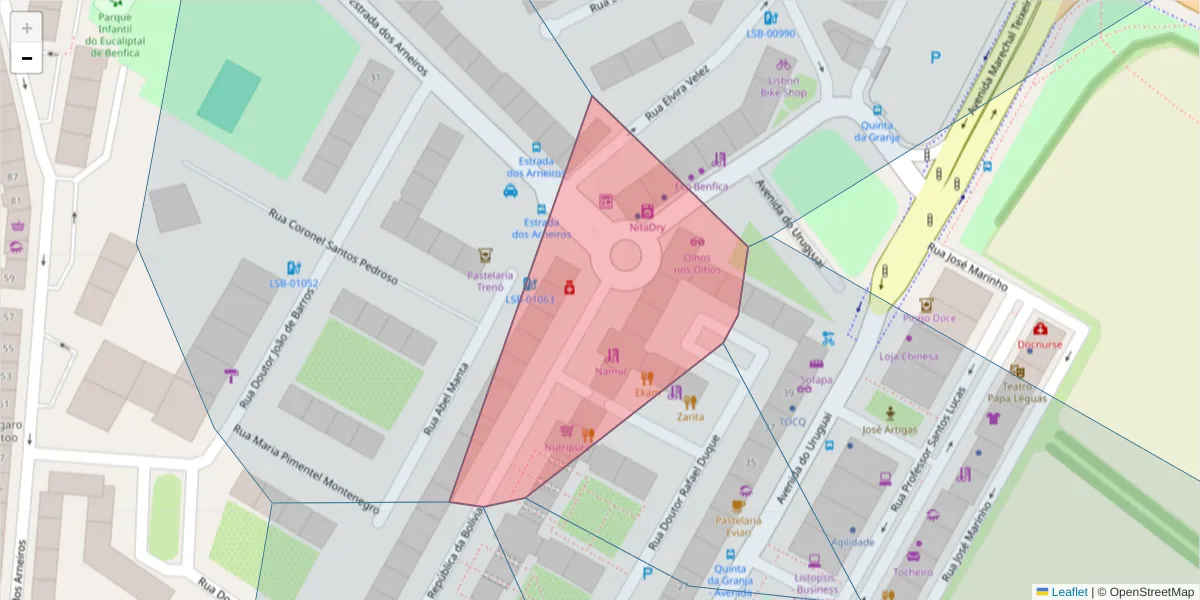 Mapa detalhado do código postal 1500-544 com limites, códigos postais vizinhos e agências dos correios