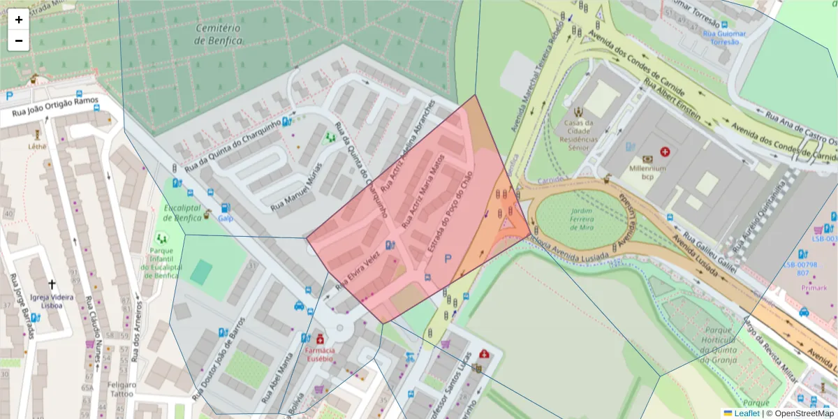Mapa detalhado do código postal 1500-545 com limites, códigos postais vizinhos e agências dos correios
