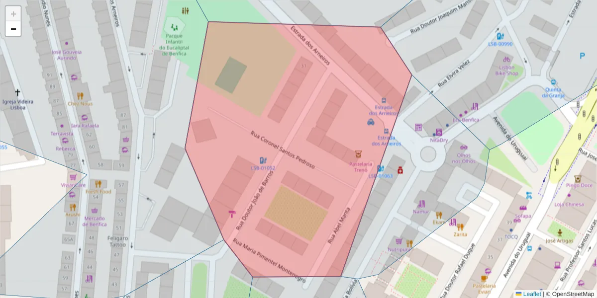 Mapa detalhado do código postal 1500-547 com limites, códigos postais vizinhos e agências dos correios