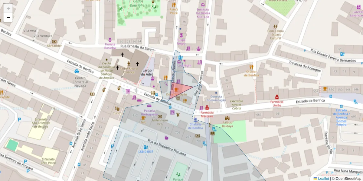 Mapa detalhado do código postal 1500-550 com limites, códigos postais vizinhos e agências dos correios