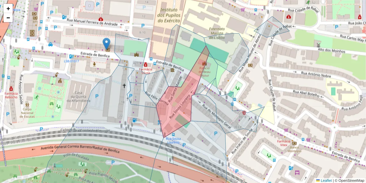 Mapa detalhado do código postal 1500-553 com limites, códigos postais vizinhos e agências dos correios