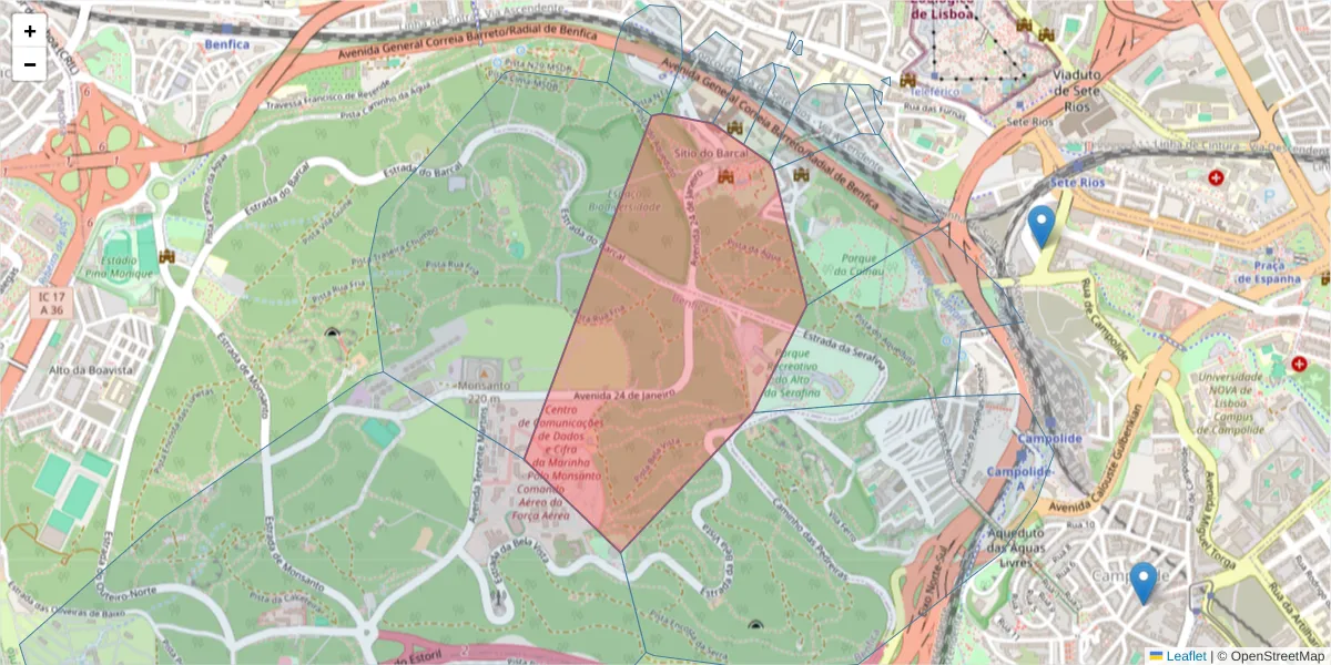 Mapa detalhado do código postal 1500-554 com limites, códigos postais vizinhos e agências dos correios