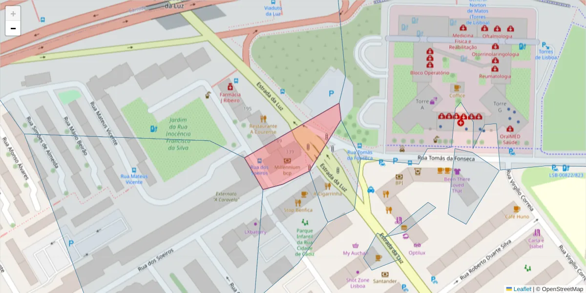 Mapa detalhado do código postal 1500-581 com limites, códigos postais vizinhos e agências dos correios