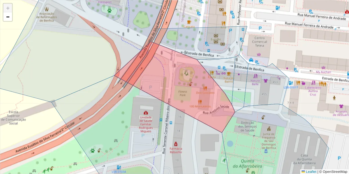 Mapa detalhado do código postal 1500-588 com limites, códigos postais vizinhos e agências dos correios